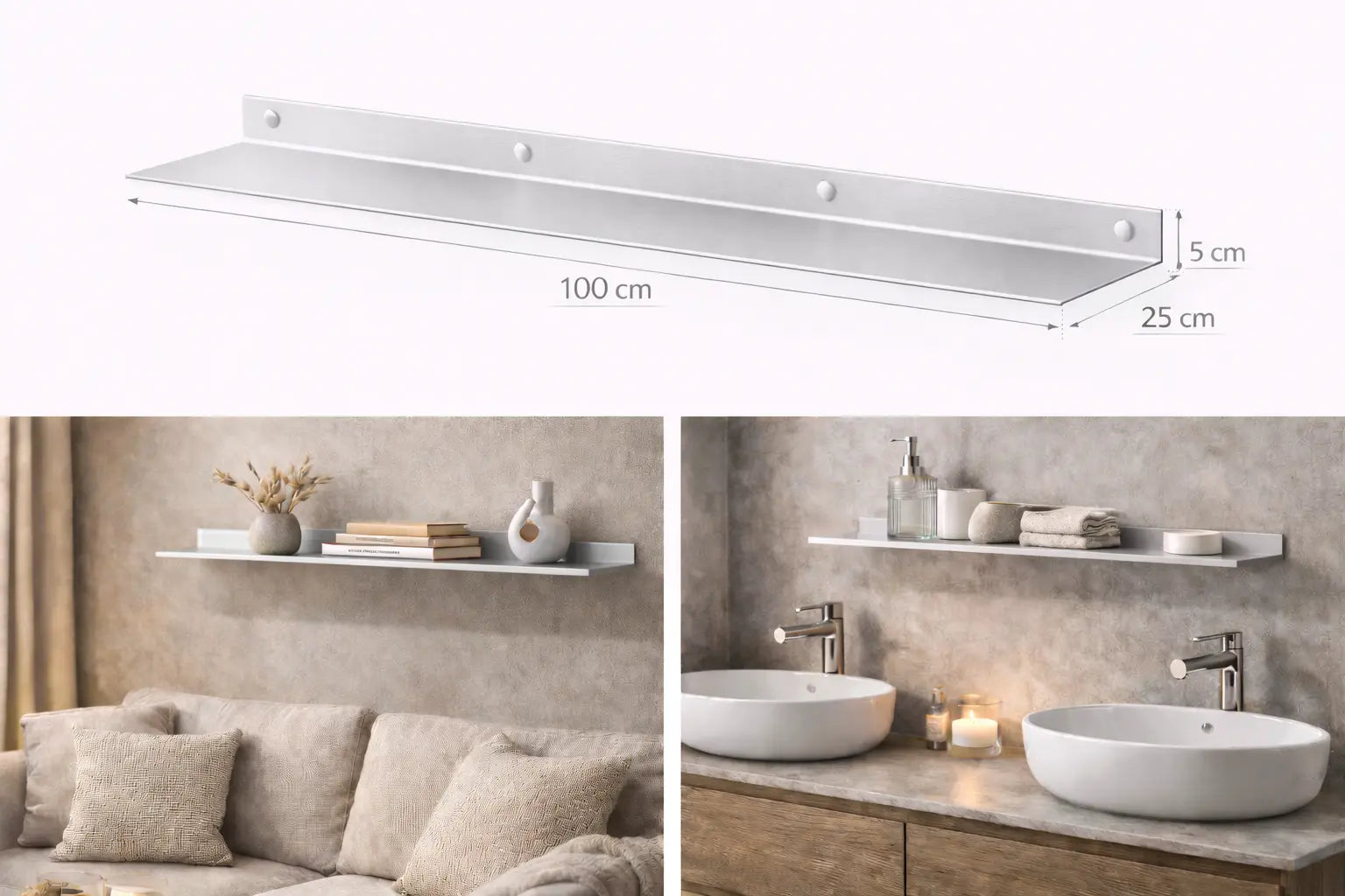 Mensola da parete in acciaio inox 100 cm design minimal moderno per soggiorno bagno cucina