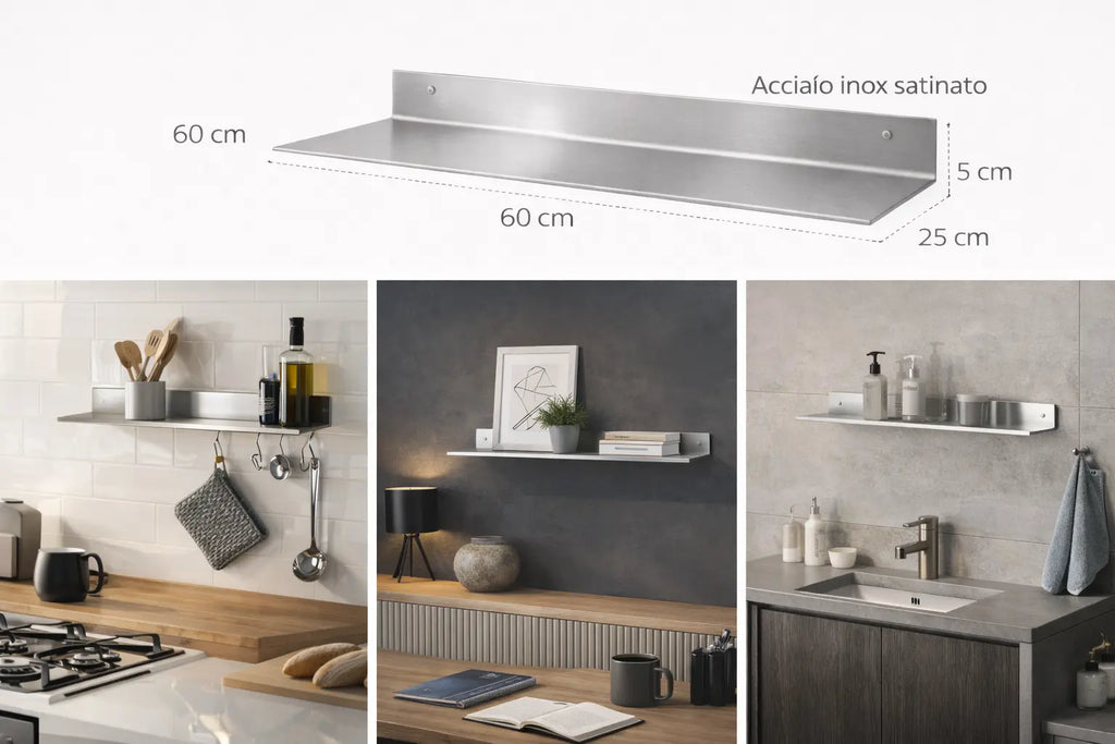 Mensola da parete in acciaio inox satinato 60 cm design minimal moderno per cucina bagno soggiorno