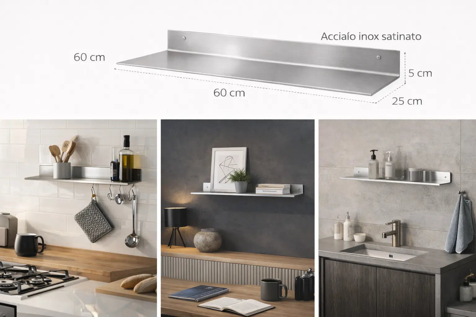 Mensola da parete in acciaio inox satinato 60 cm design minimal moderno per cucina bagno soggiorno