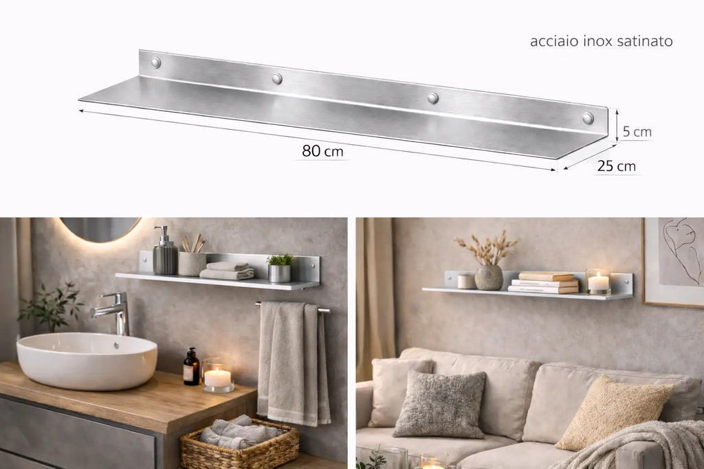 Mensola da parete in acciaio inox satinato 80 cm design minimal moderno per bagno soggiorno cucina