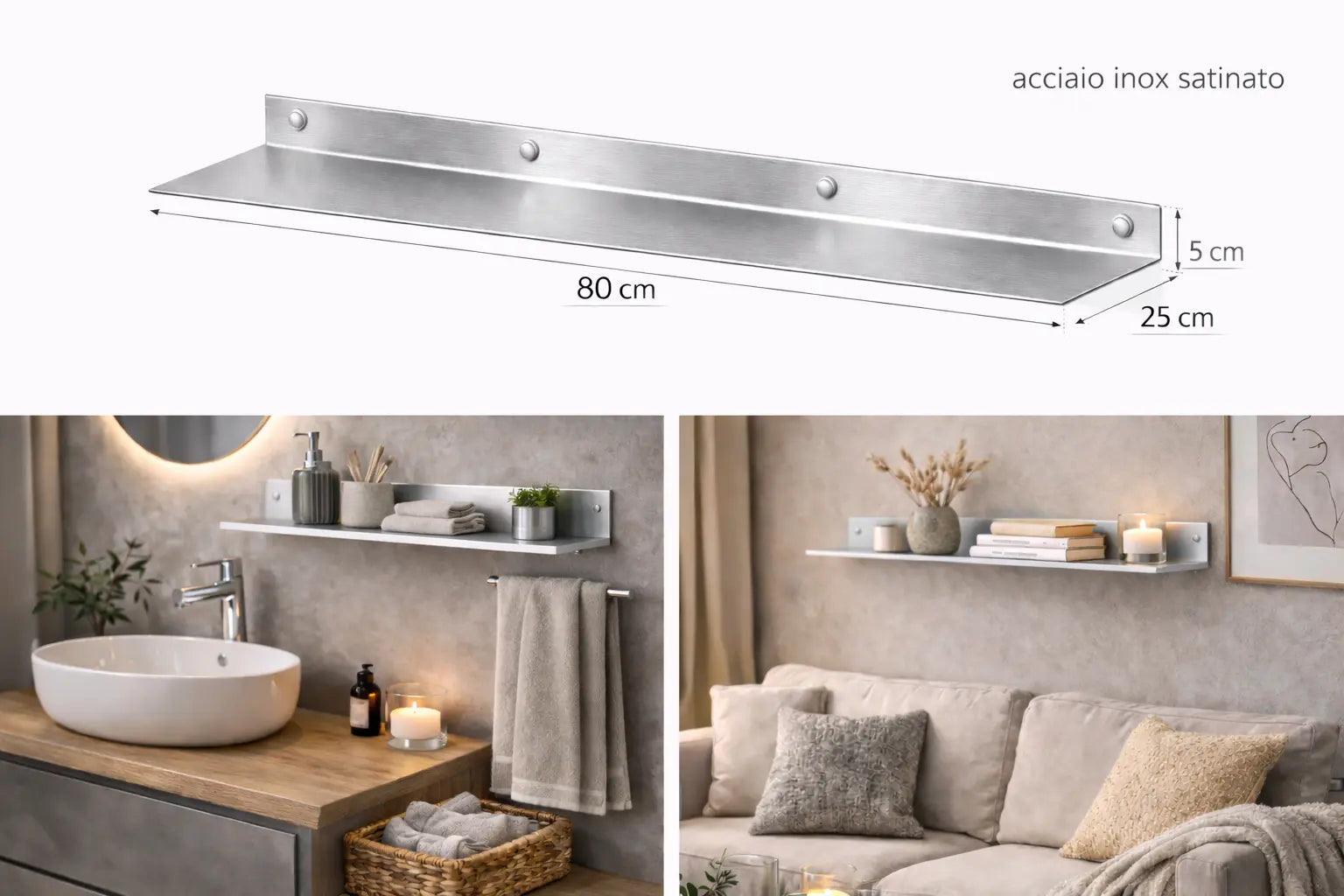 Mensola da parete in acciaio inox satinato 80 cm design minimal moderno per bagno soggiorno cucina