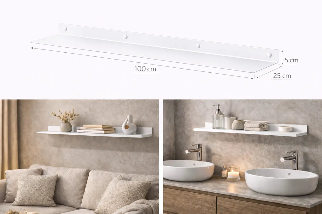 Mensola da parete in metallo bianco 100 cm design minimal moderno per soggiorno bagno cucina