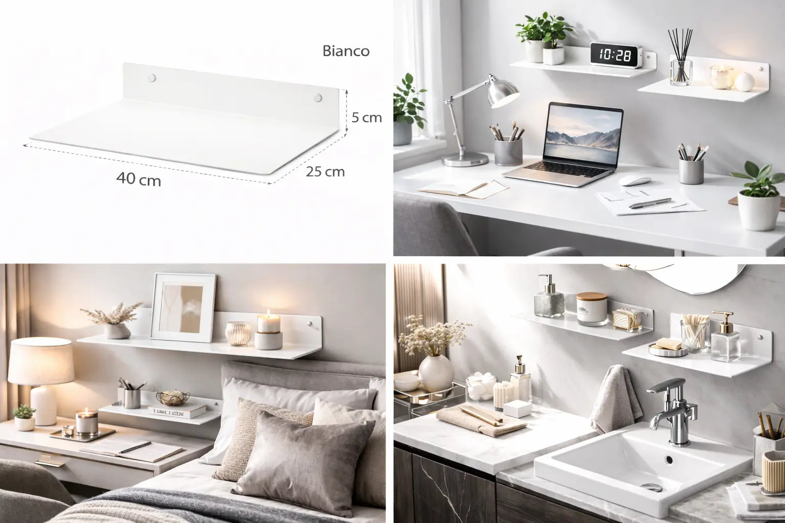 Mensola da parete in metallo bianco 40 cm design minimal moderno per ufficio bagno soggiorno