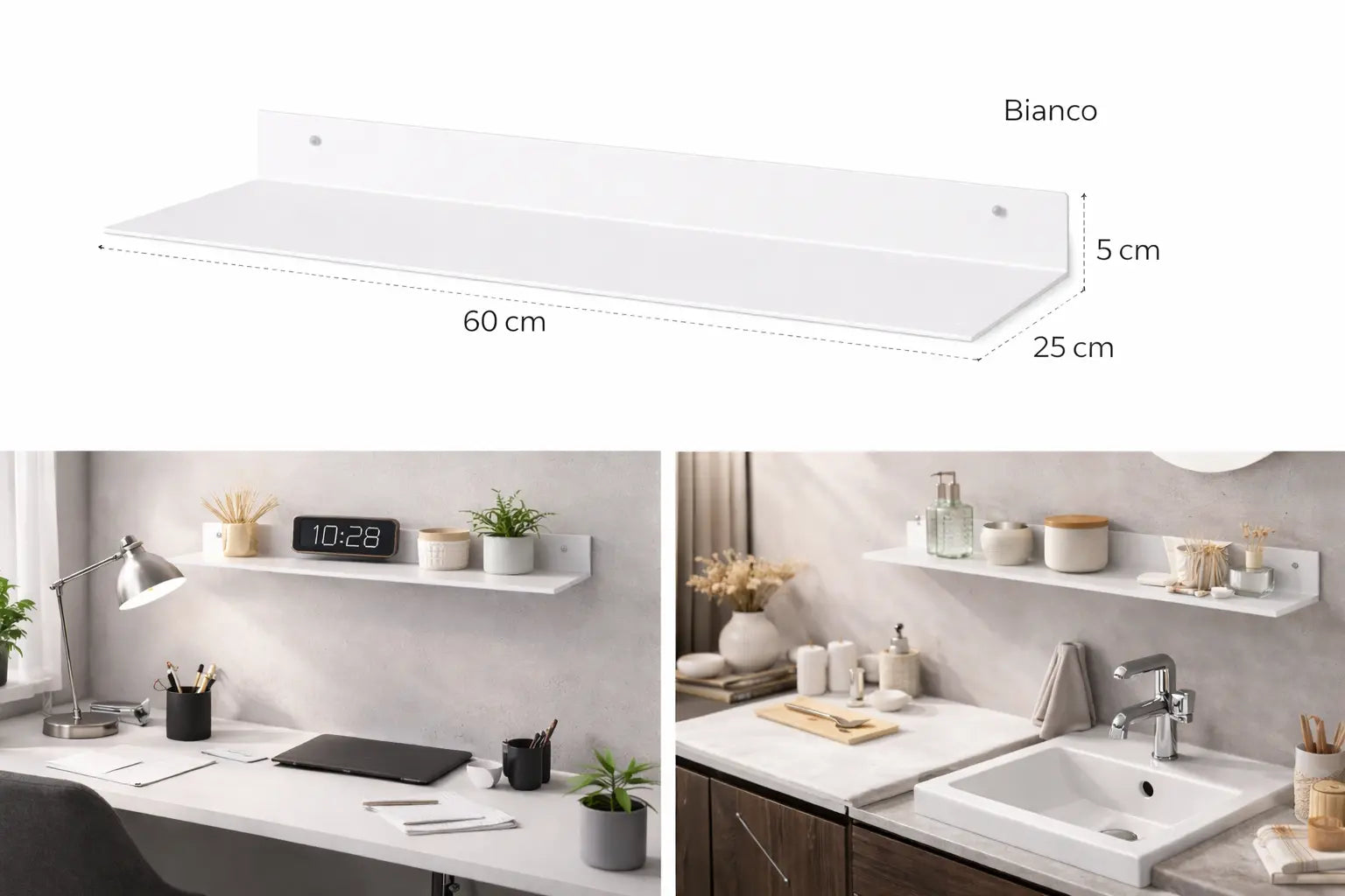 Mensola da parete in metallo bianco 60 cm design minimal moderno per ufficio bagno soggiorno