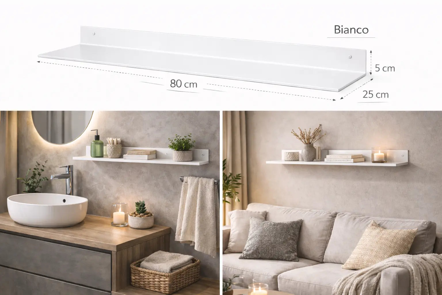 Mensola da parete in metallo bianco 80 cm design minimal moderno per bagno soggiorno cucina