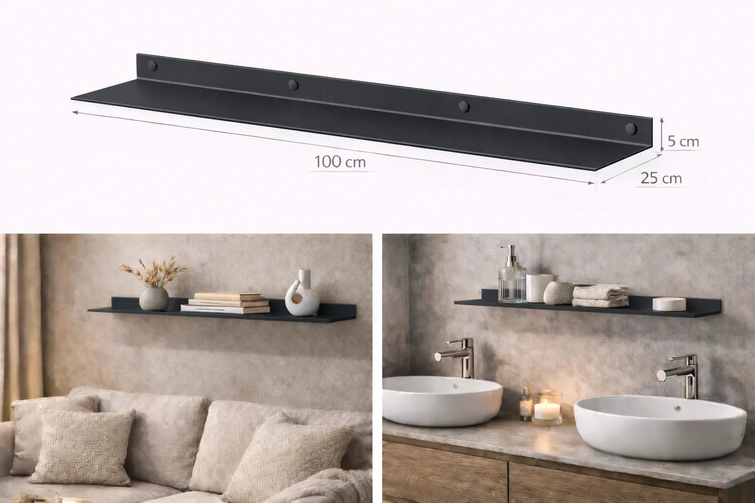 Mensola da parete in metallo nero 100 cm design minimal moderno per soggiorno bagno cucina