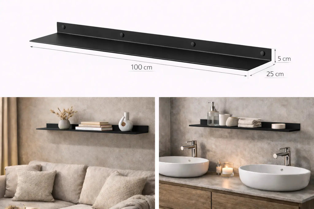 Mensola da parete in metallo nero 100 cm design minimal moderno per soggiorno bagno cucina