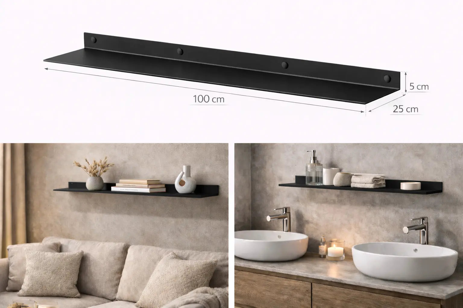 Mensola da parete in metallo nero 100 cm design minimal moderno per soggiorno bagno cucina