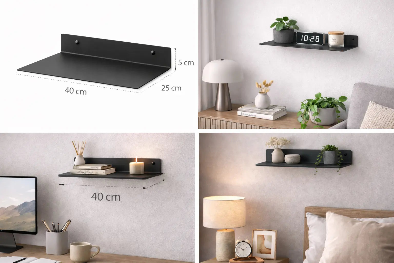 Mensola da parete in metallo nero 40 cm design minimal moderno con oggetti decorativi per soggiorno camera da letto