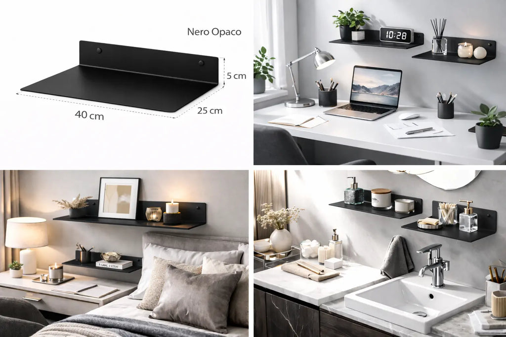 Mensola da parete in metallo nero opaco 40 cm design minimal moderno con oggetti decorativi per ufficio bagno soggiorno