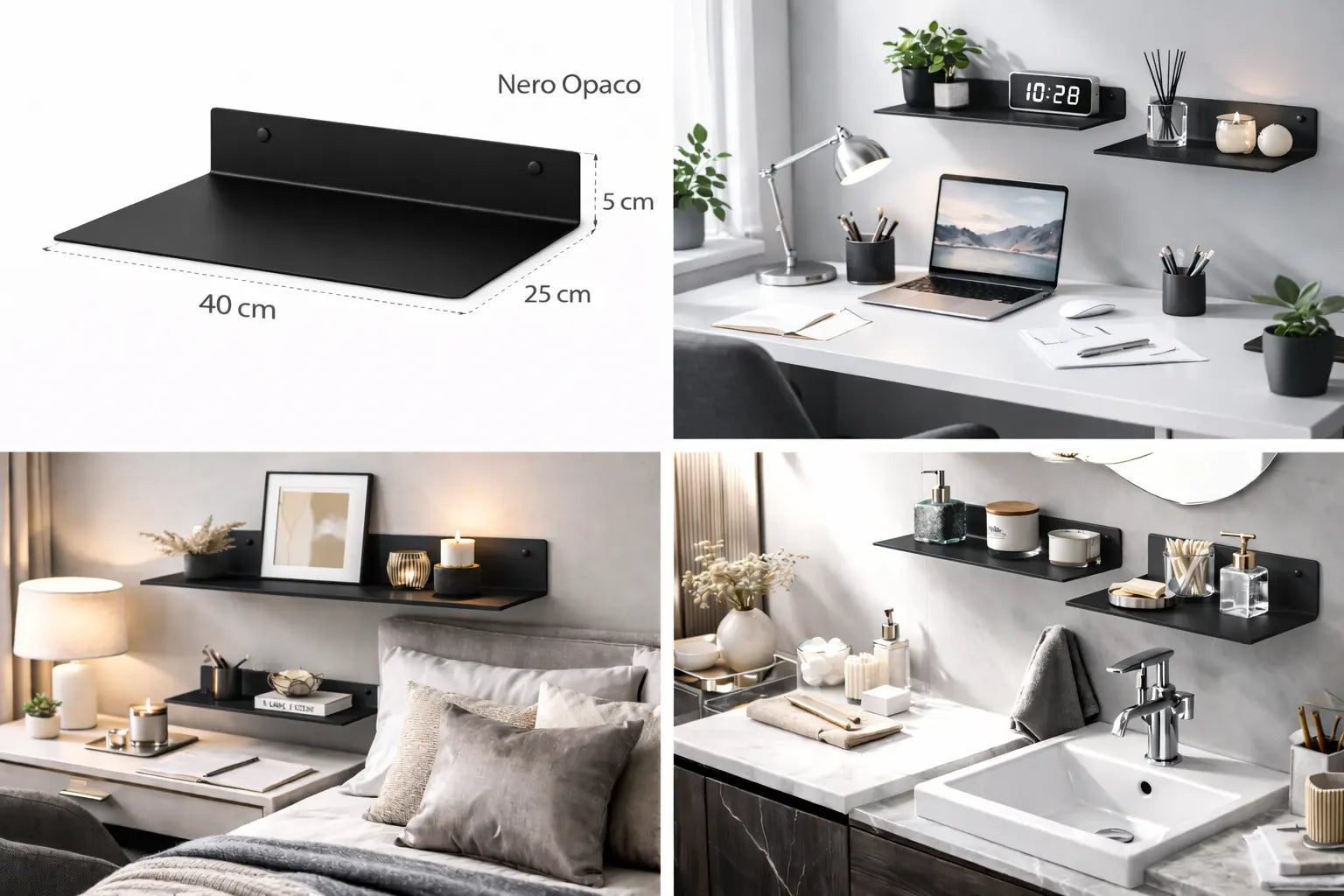 Mensola da parete in metallo nero opaco 40 cm design minimal moderno con oggetti decorativi per ufficio bagno soggiorno