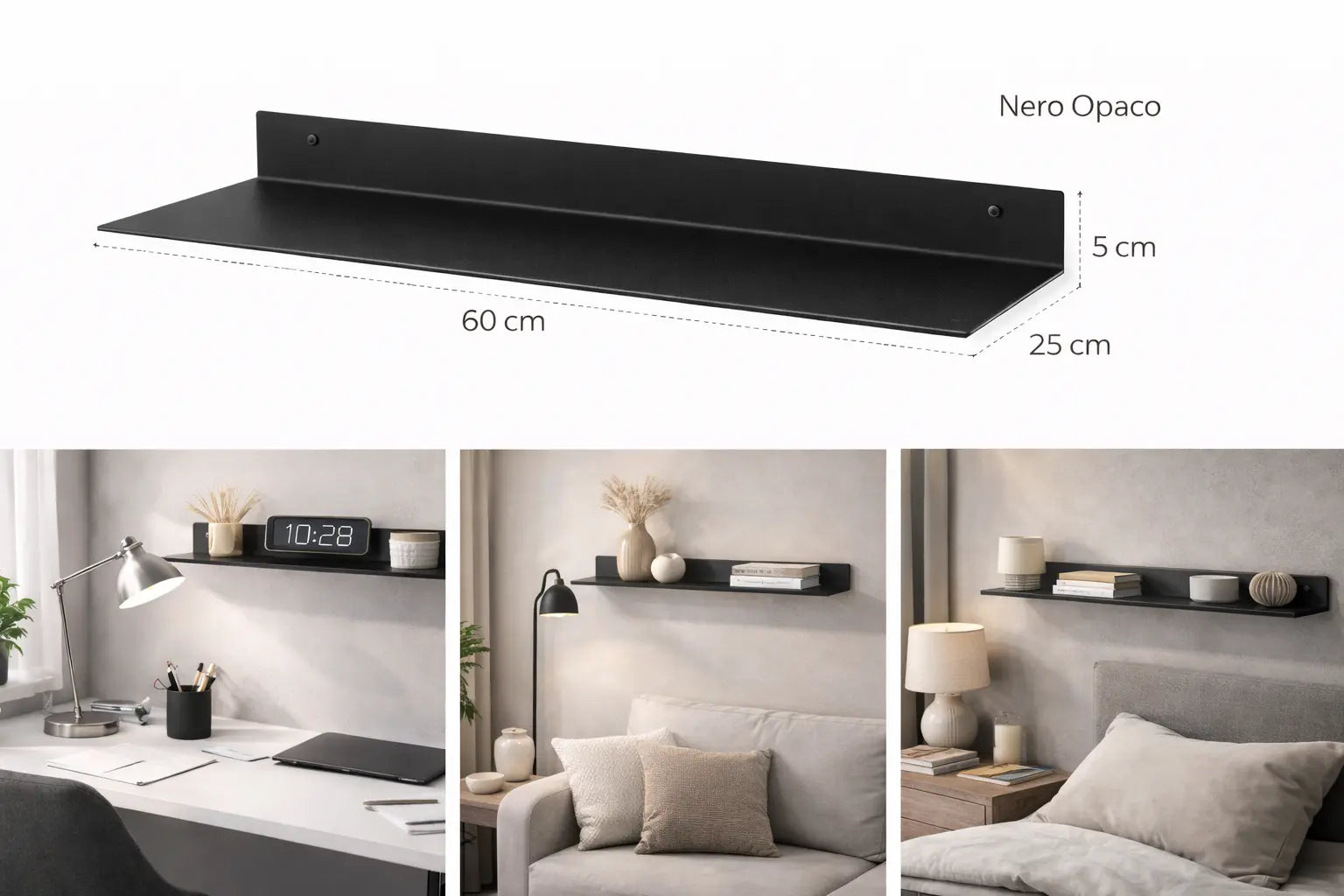 Mensola da parete in metallo nero opaco 60 cm design minimal moderno per ufficio soggiorno camera da letto
