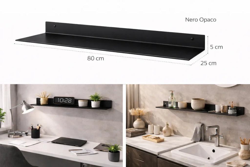 Mensola da parete in metallo nero opaco 80 cm design minimal moderno per bagno ufficio soggiorno