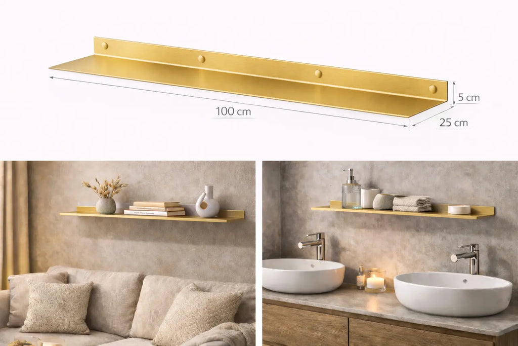 Mensola da parete in metallo finitura oro 100 cm design minimal moderno per soggiorno bagno cucina