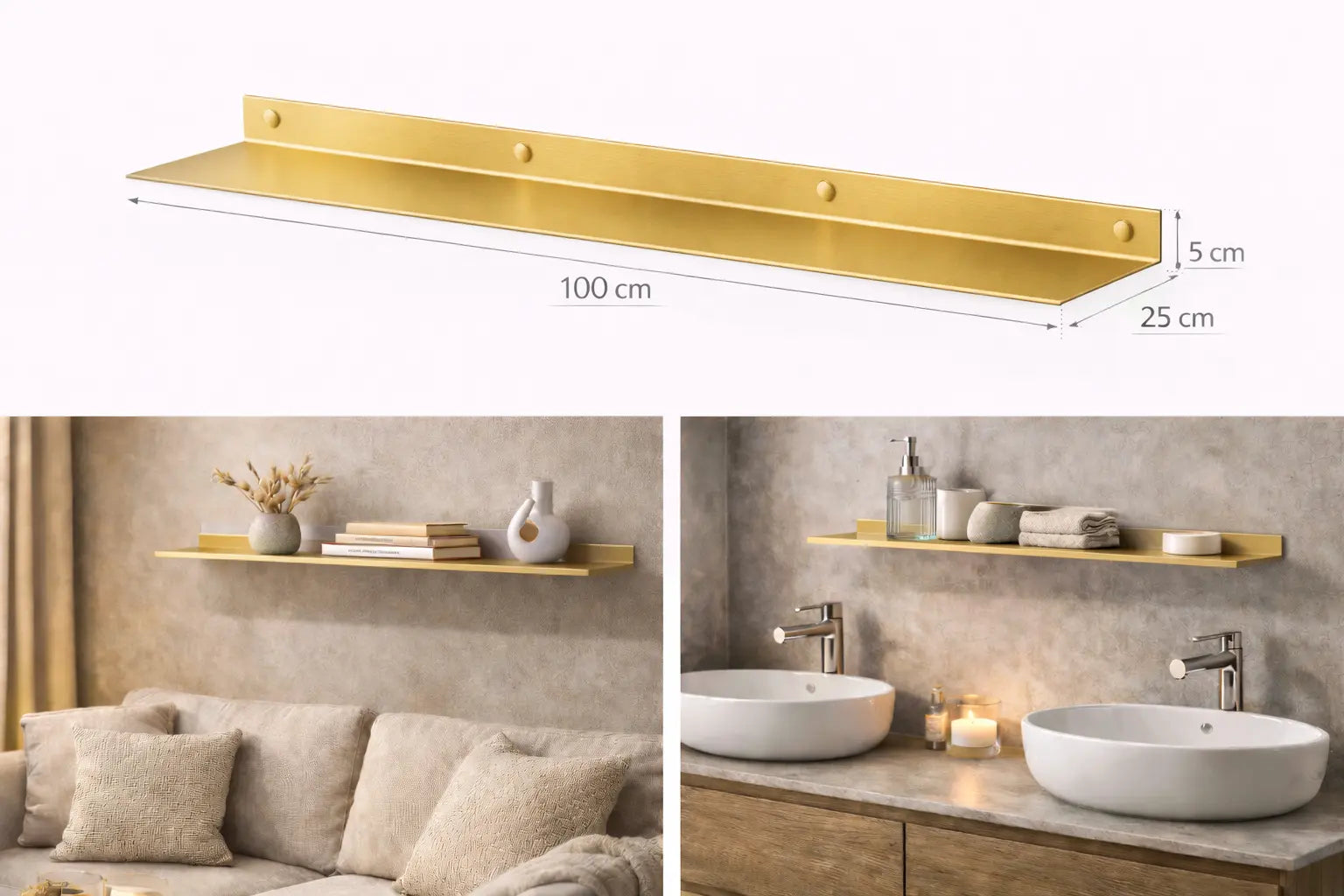 Mensola da parete in metallo finitura oro 100 cm design minimal moderno per soggiorno bagno cucina