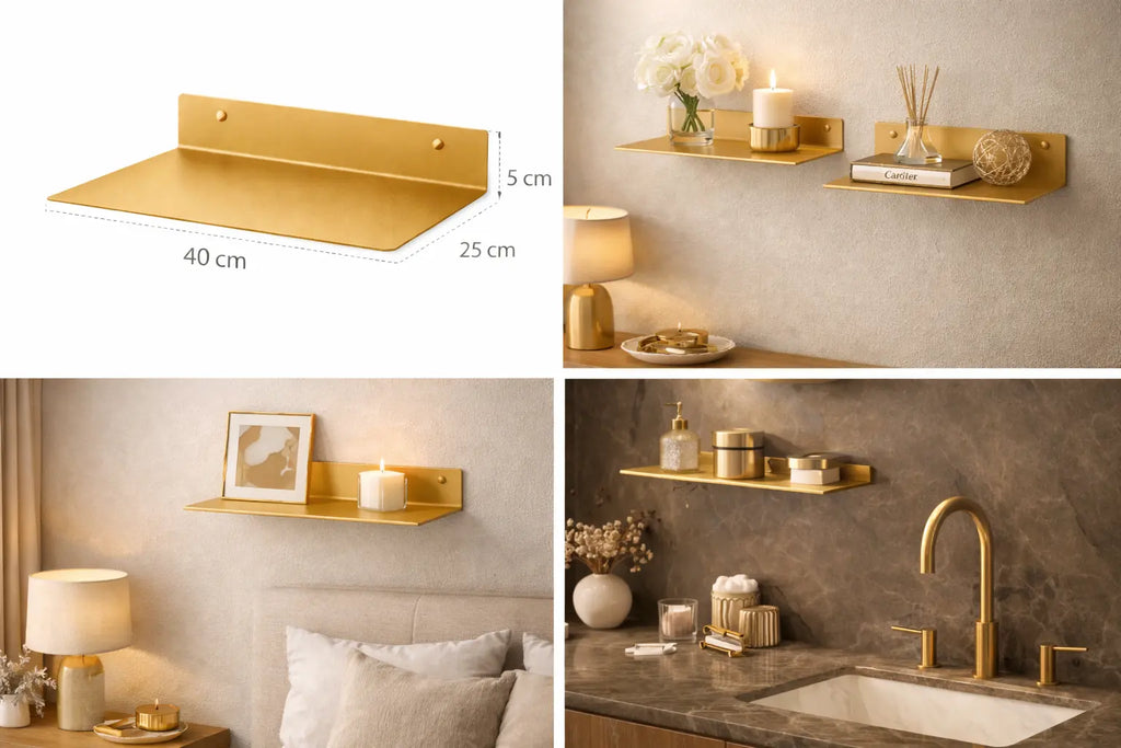 Mensola da parete in metallo finitura oro 40 cm design minimal moderno con oggetti decorativi per bagno soggiorno