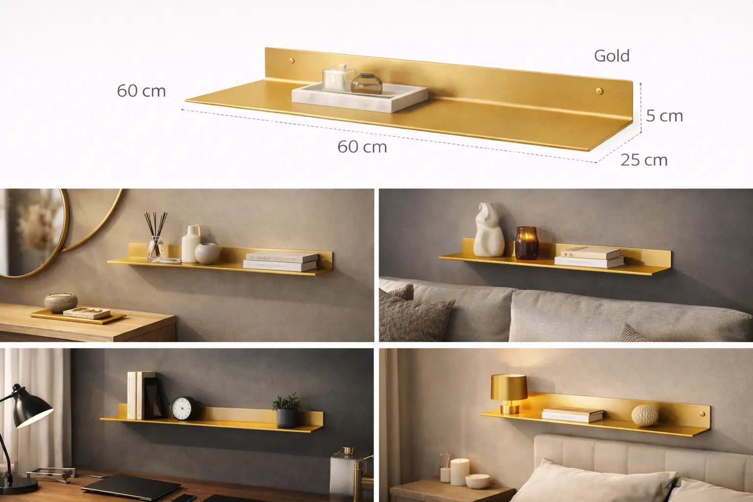 Mensola da parete in metallo finitura oro 60 cm design minimal moderno per soggiorno camera da letto ufficio