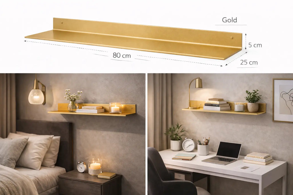 Mensola da parete in metallo finitura oro 80 cm design minimal moderno per camera da letto ufficio soggiorno