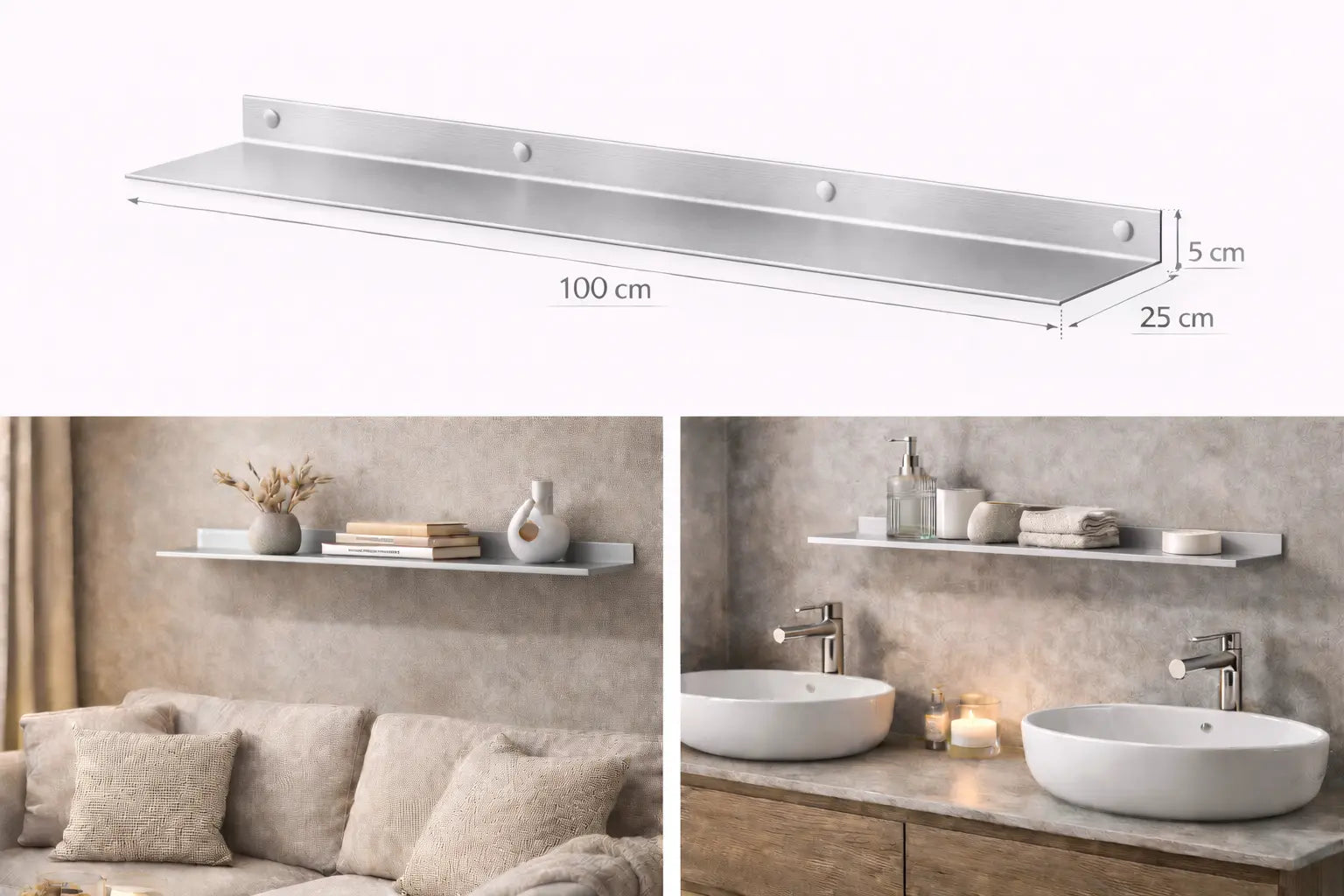 Mensola da parete in metallo silver 100 cm design minimal moderno per soggiorno bagno cucina