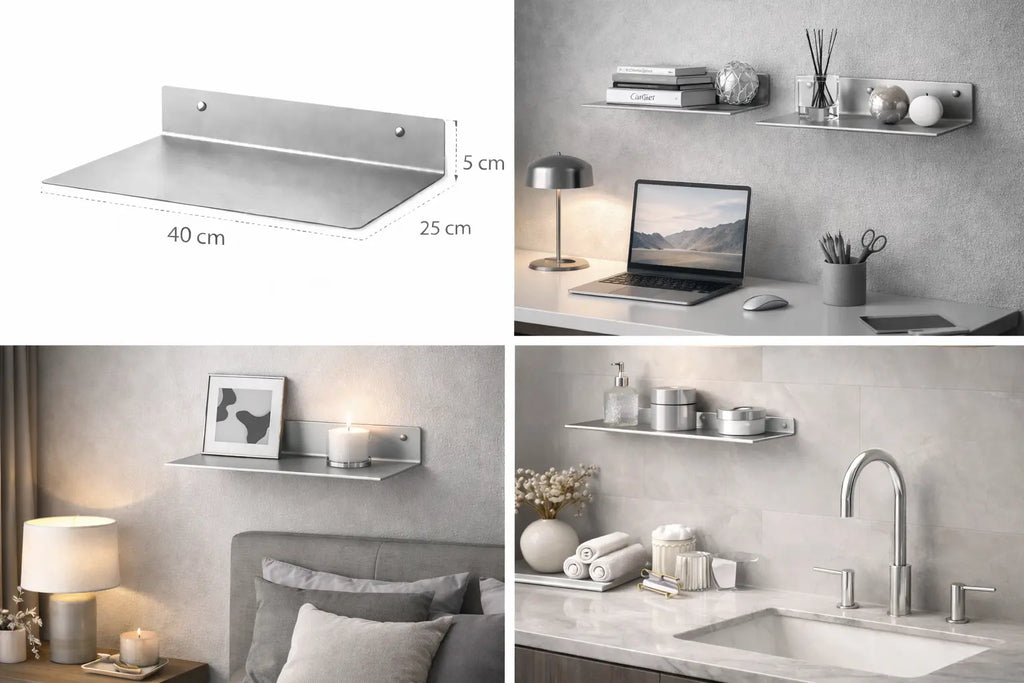 Mensola da parete in metallo silver 40 cm design minimal moderno con oggetti decorativi per ufficio bagno soggiorno