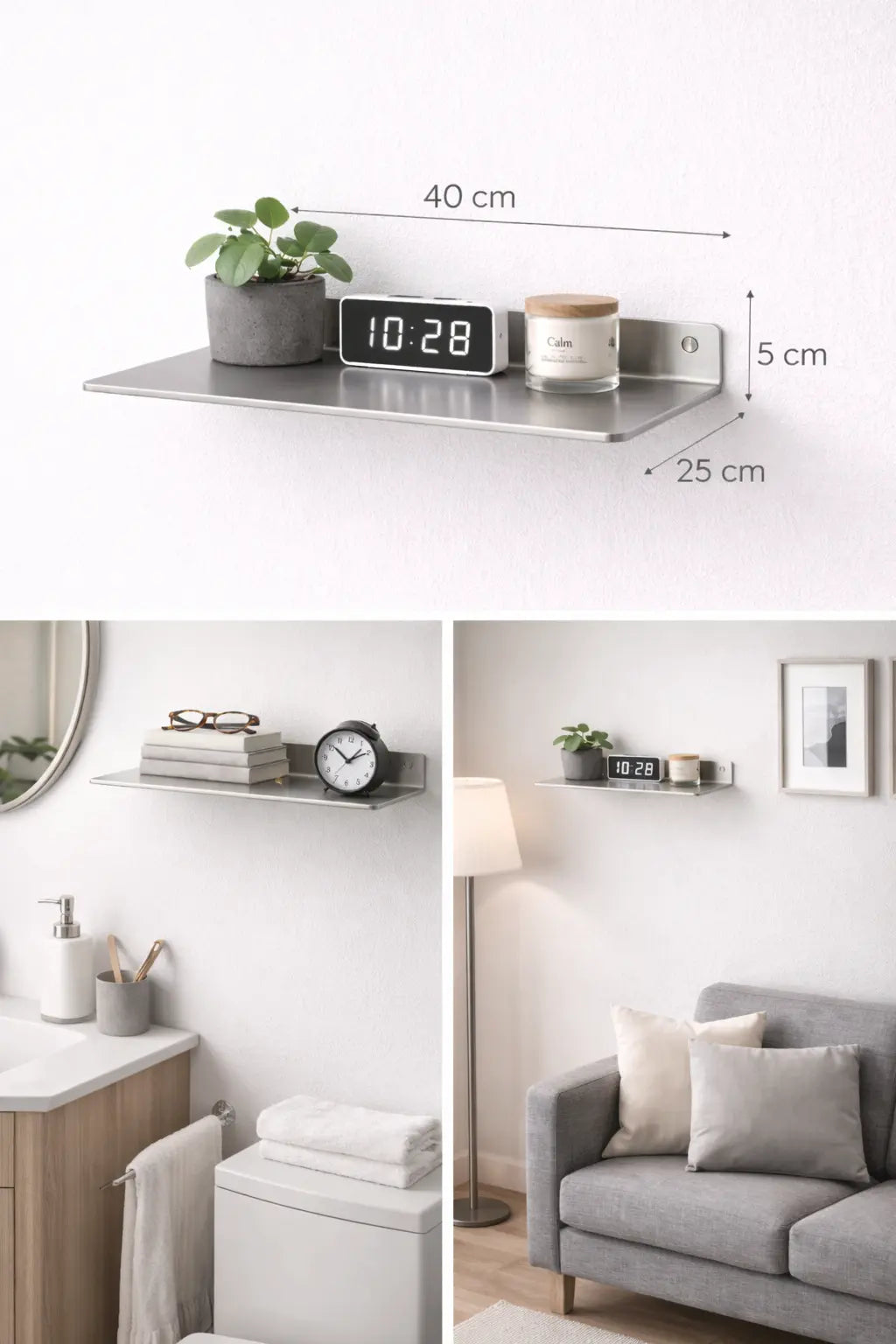 Mensola da parete in metallo silver 40 cm con dimensioni 25 cm profondità e 5 cm altezza design minimal