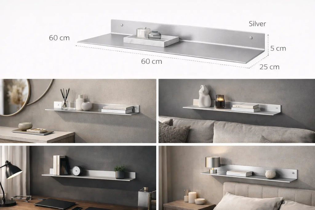 Mensola da parete in metallo silver 60 cm design minimal moderno per soggiorno camera da letto ufficio