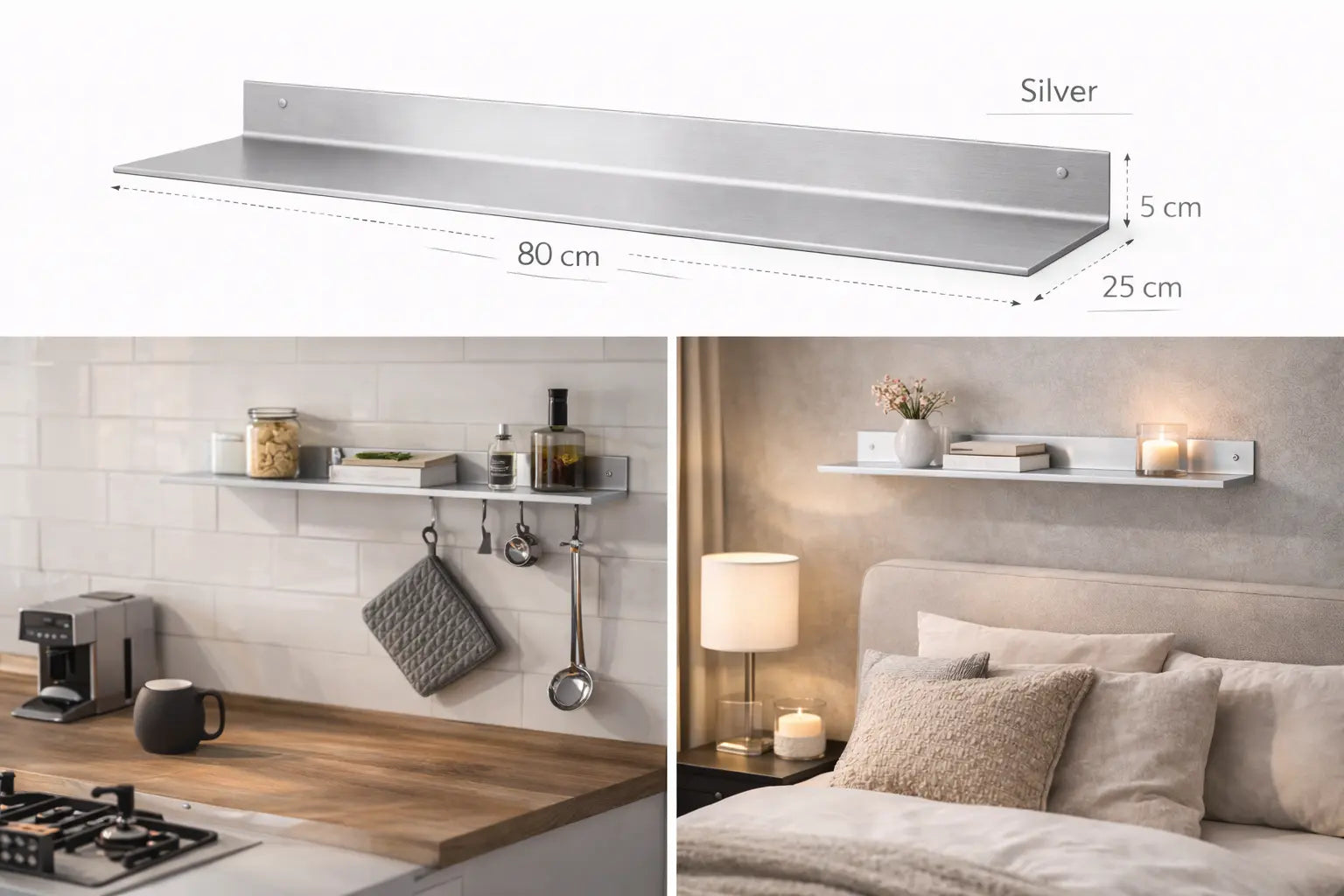 Mensola da parete in metallo silver 80 cm design minimal moderno per cucina soggiorno camera
