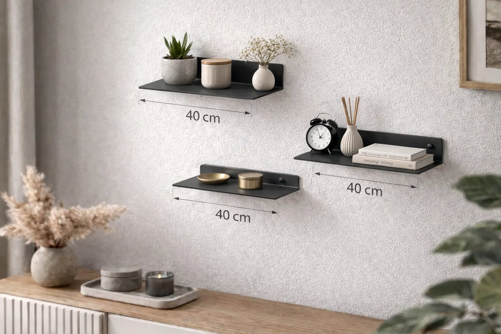 Mensole da parete in metallo nero 40 cm design minimal moderno set con oggetti decorativi per soggiorno