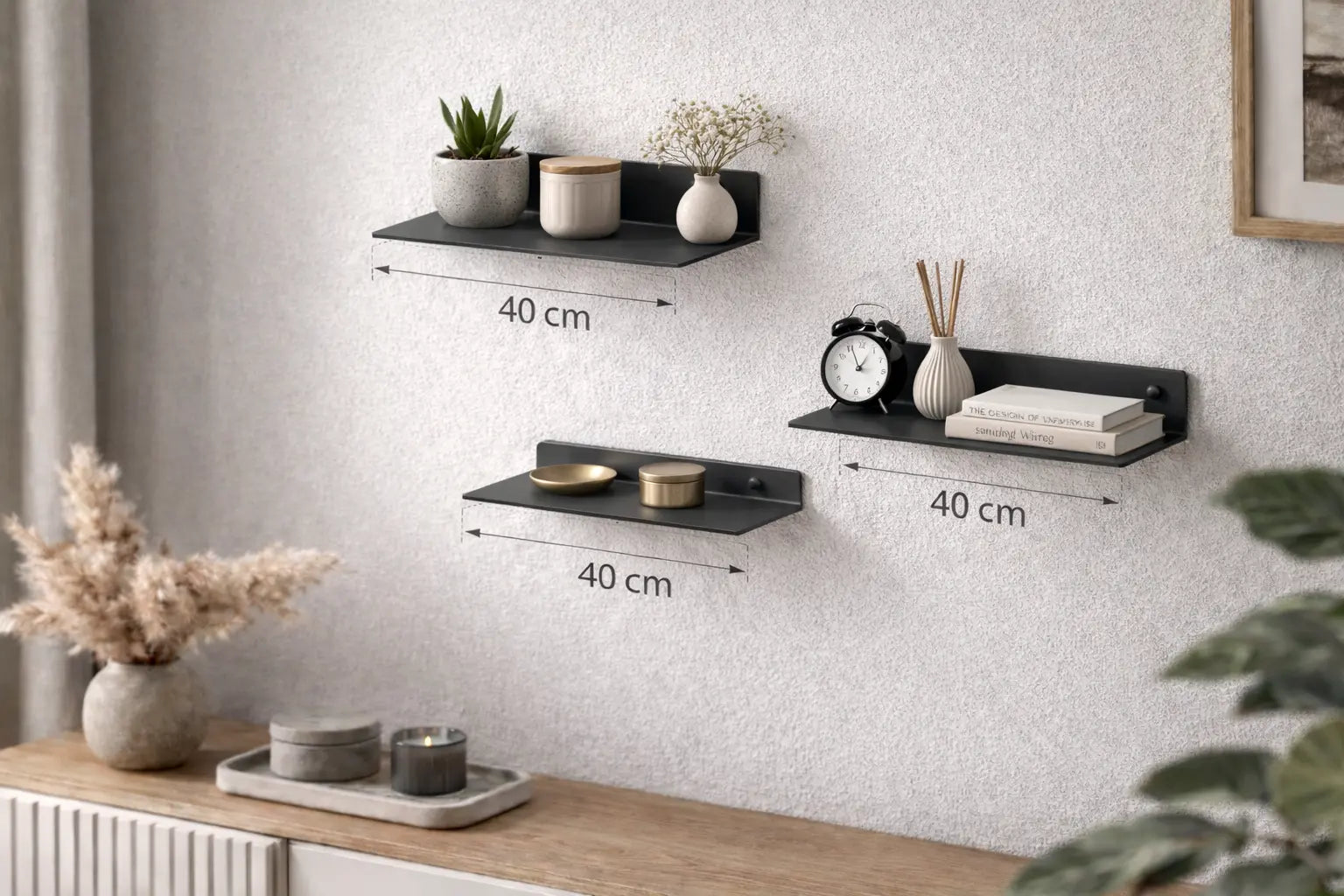 Mensole da parete in metallo nero 40 cm design minimal moderno set con oggetti decorativi per soggiorno